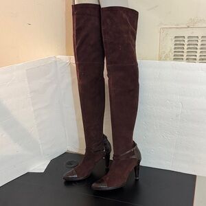 Salvatore Ferragamo Dark Brown burgundy stretch suede leather Over Knee Boots